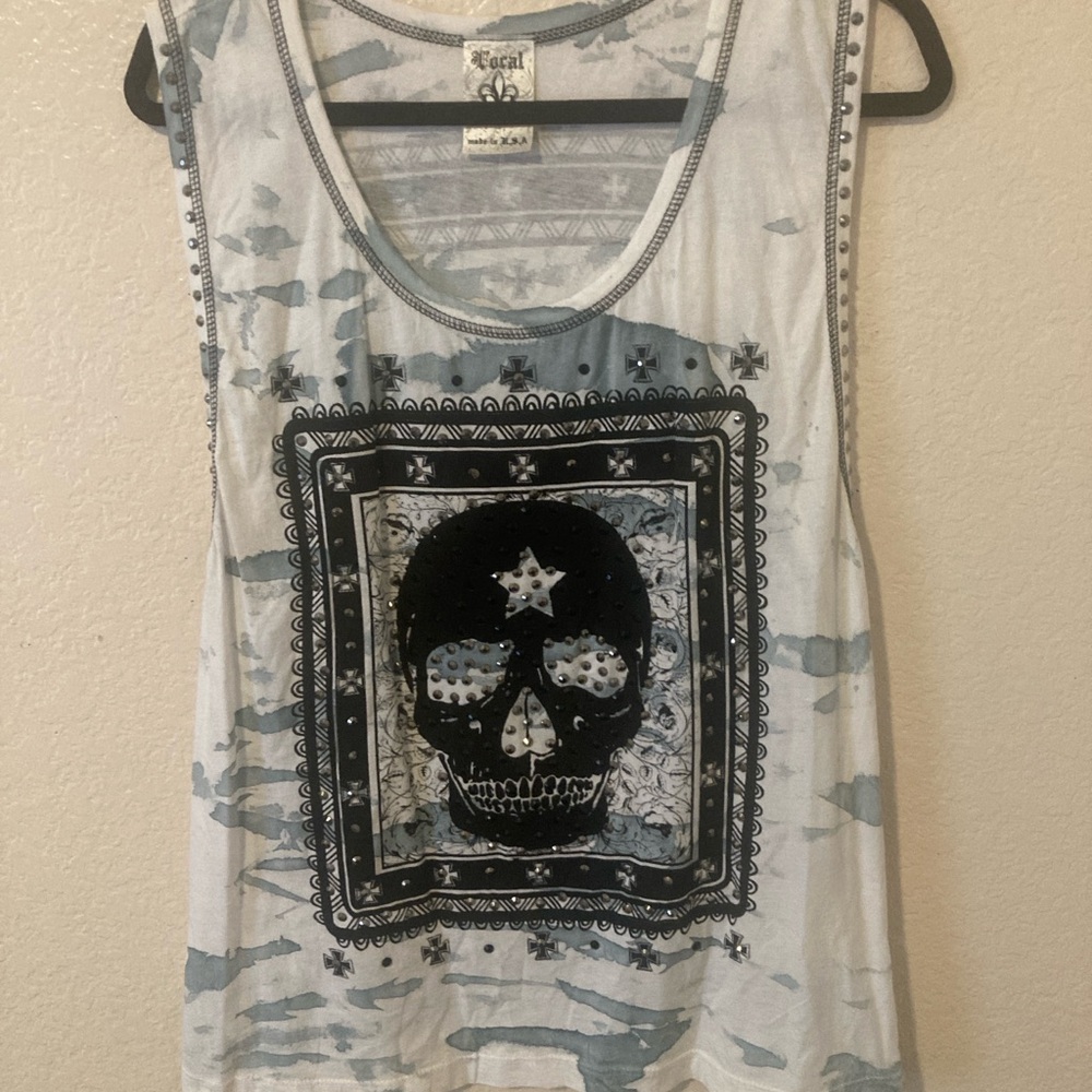 Vocal White and Black Skull studded Tank Top